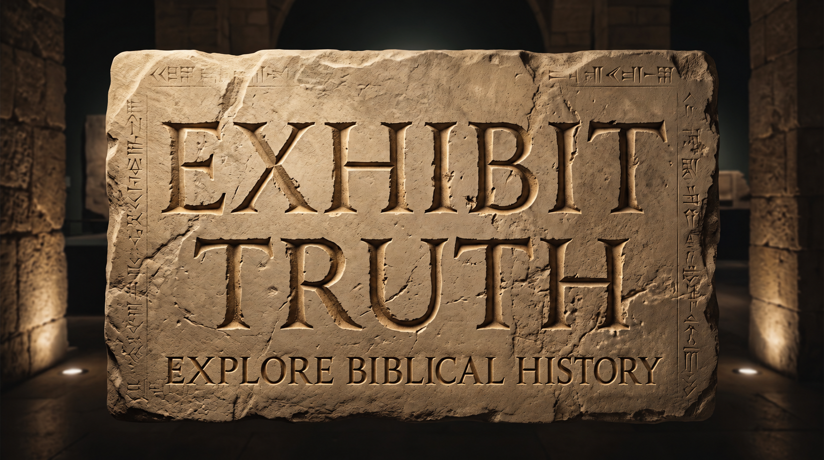 Exhibit Truth’s sandstone title placard, illuminated in a museum-like setting